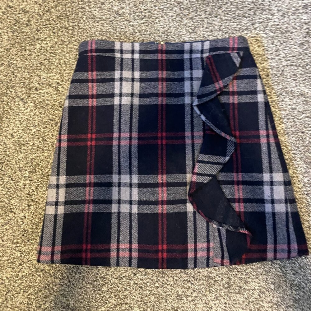 Blue White and Red Plaid Ruffle Front JCrew Mercantile Mini Skirt